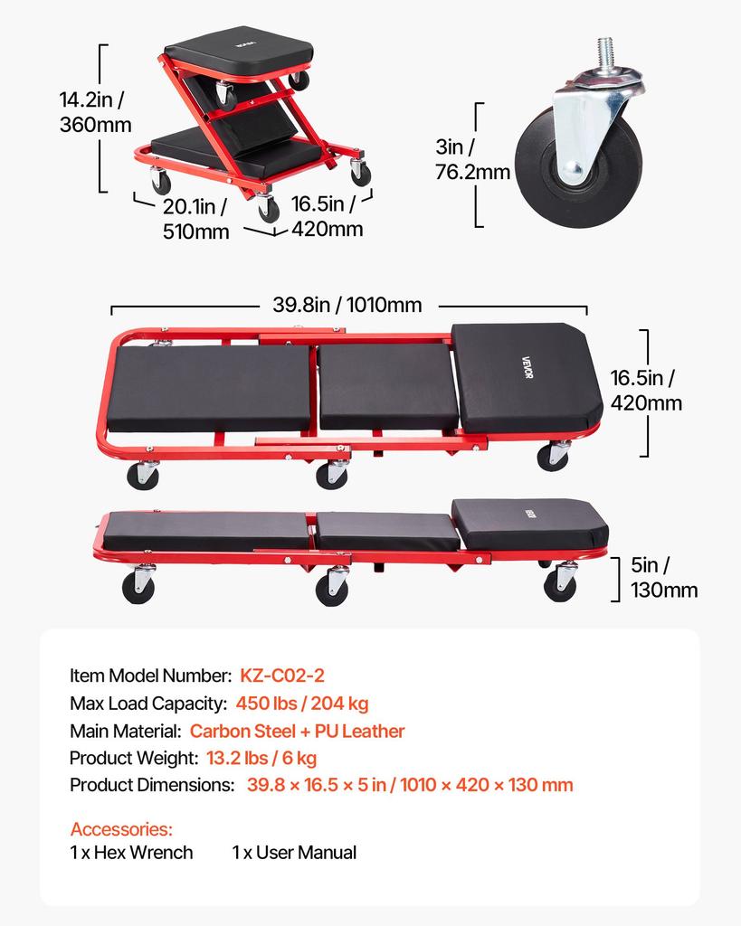 VEVOR 1010mm 2-in-1 Folding Mechanic Creeper, Z Creeper Seat & Under Car Garage Roller, 204 kg Rolling Creeper Stool with 6 Swivel Casters