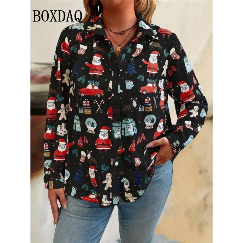 Cute Santa Claus Print Cardigan Shirt For Women 2025 Autumn Fashion Christmas Party Tops Casual Long Sleeve Lapel Button Blouse