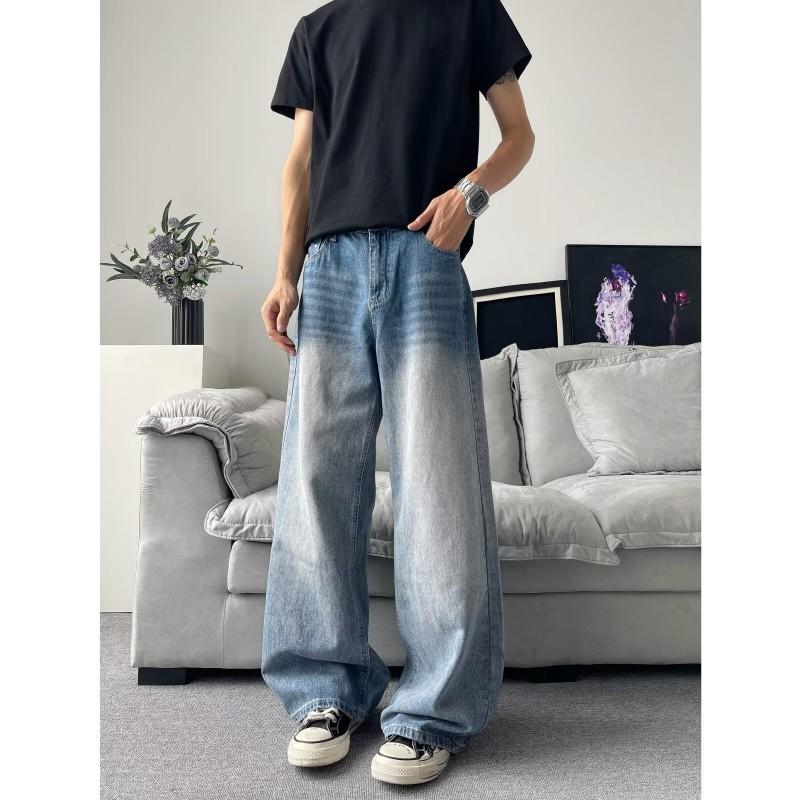 Mens Vintage Washed Distressed Denim Jeans Loose Straight Fit Casual Trousers