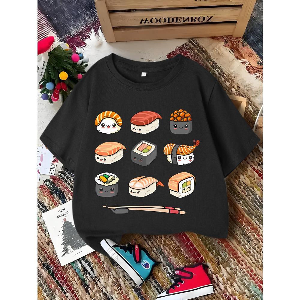 Cute Sushi Cartoon Pattern Print Boys Girls Family Matching Tee Soft Kids Parent Short Sleeve Daily Casual Comfort T Shirt