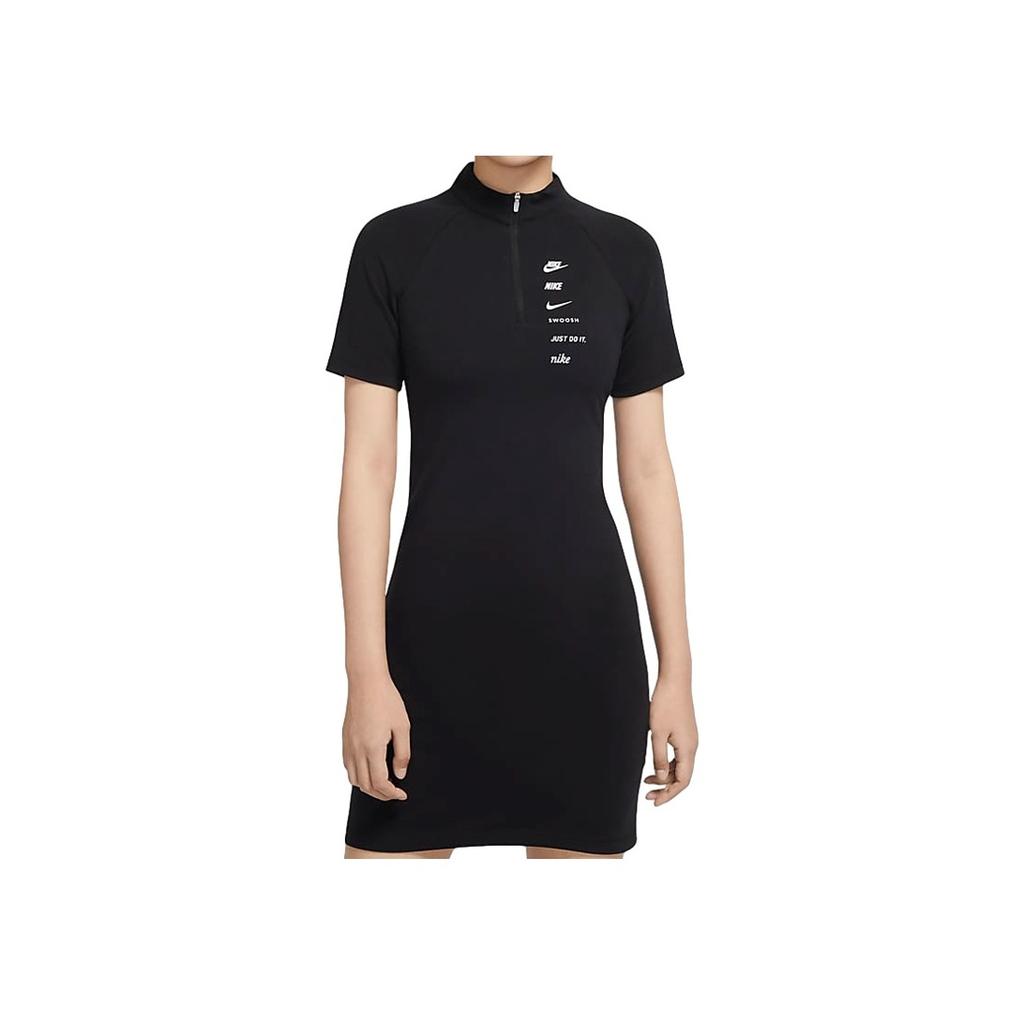 Nike Sportswear Swoosh Casual Long Dress Half Zip Athletic Slim Fit Short Sleeve Dress Women Dresses Black CU5675-011