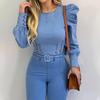 Damen Bluse Puffärmel Einfarbig Frühling Herbst Sexy Langärmlig Imitat Denim