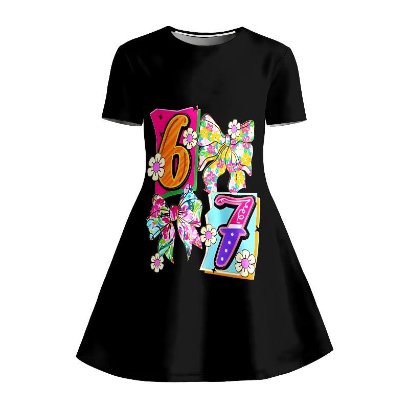 Little Girls 3 Styles Bow Butterfly Number Floral Print Round Neck Short Sleeve A-Line Kids Summer Flared Swing Dress