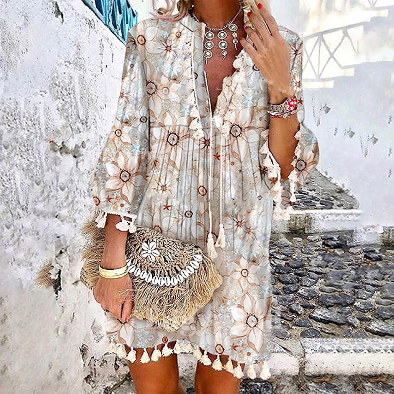 

Женское модное платье в стиле бохо с рукавом три четверти, кружевное мини-платье с v-образным вырезом и кисточками S