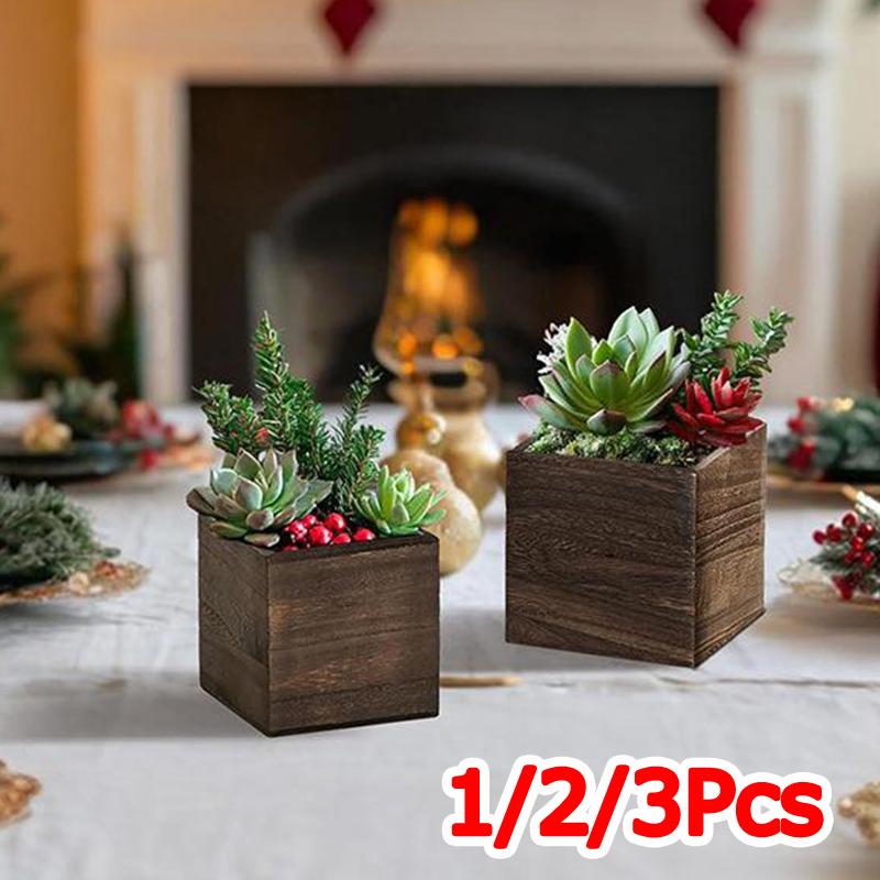 1/2/4PC Small Home Flower Box Table Pencil Holder Bohemian Wooden Planter Wedding Square Rustic Garden