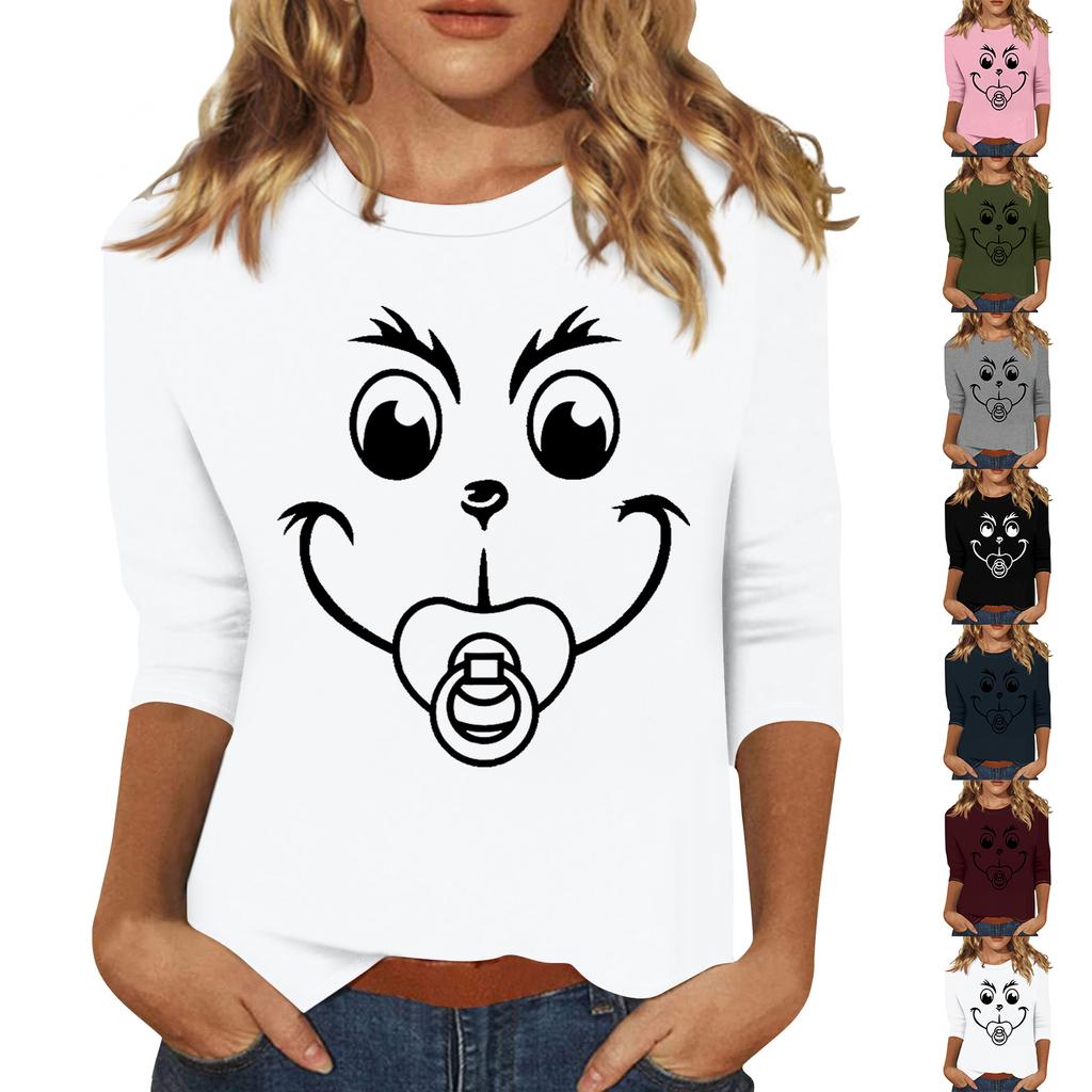 3/4 Sleeve Tops For Women T-Shirt Casual Christmas Print Tops T Shirt Round Neck Pullover Blouse