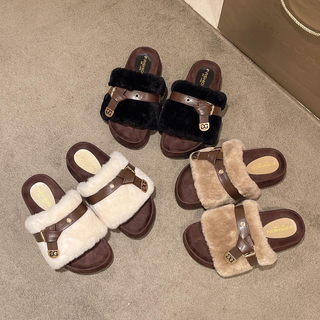 Tjocksulade höst- och vintertofflor för utomhusbruk, damskor 2025 nya varma och plyschiga bekväma franska bomullstofflor i en ordning