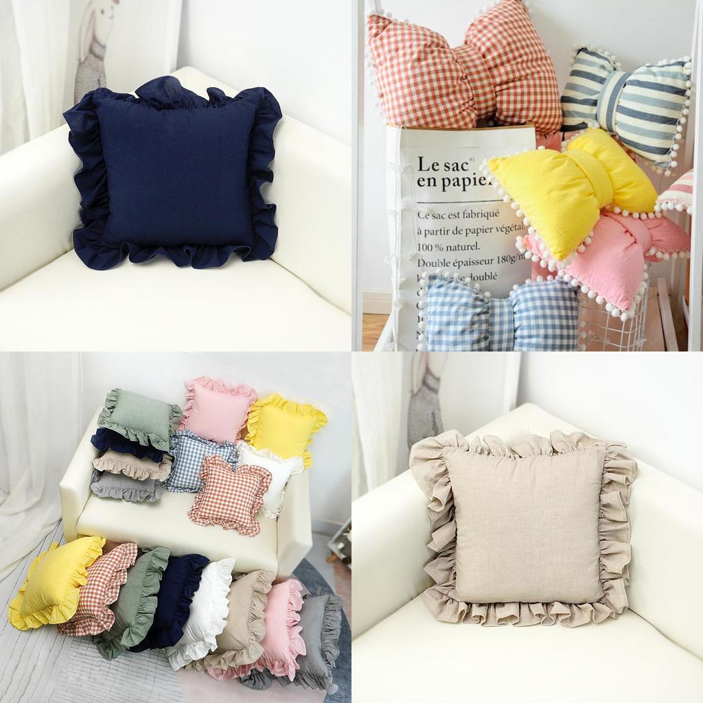 Striped Cotton Cushion With Bow And Pom Pom Trim For Home Decor**