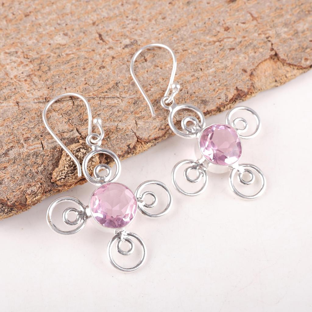 Morganite Earrings, Handmade Gemstone 925 Solid Sterling Silver Earrings Antique Jewelry, For Engagement Gift