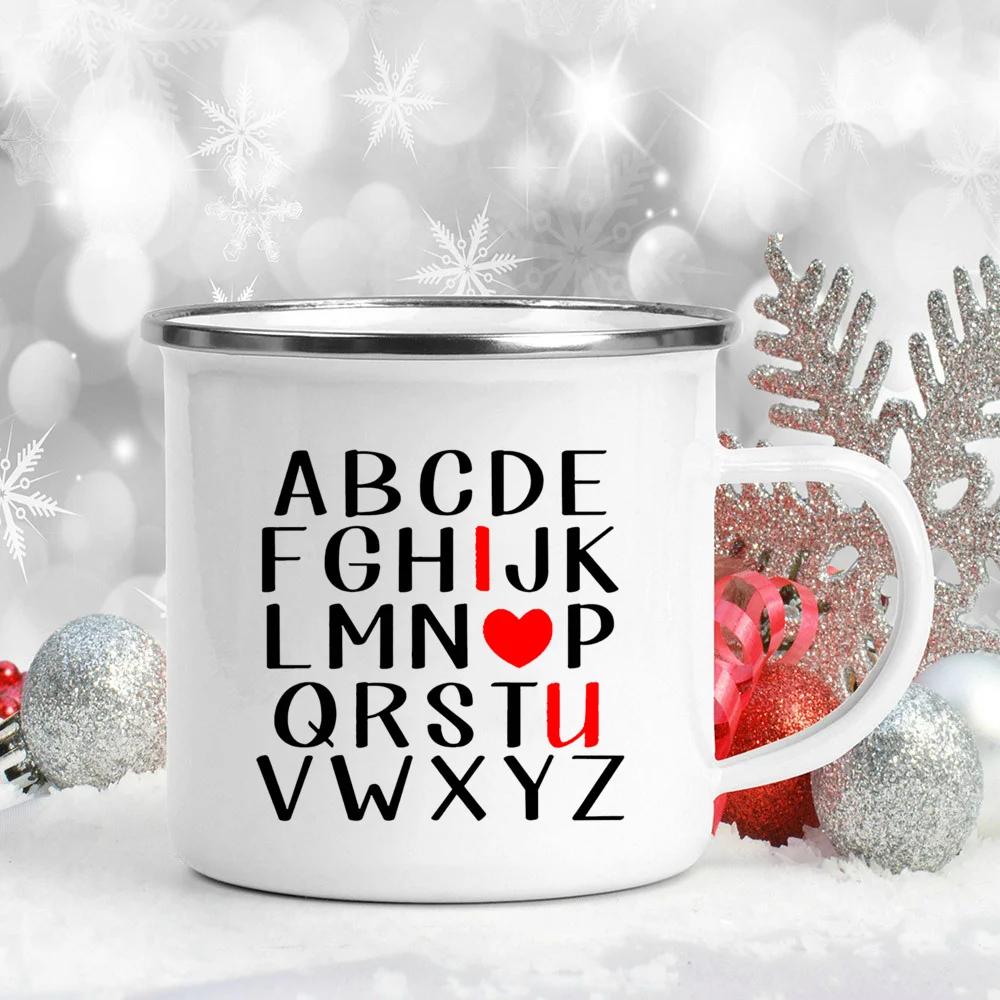 Love Heart Printed Camping Mug Valentine Party Juice Milk Cup Coffee Cups Enamel Mugs Valentine's Day Gifts for Family Friends