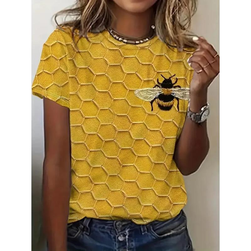 Summer Round Neck 3D bee Pattern Print Top Fashionable Casual Short Sleeved Women's T-shirts