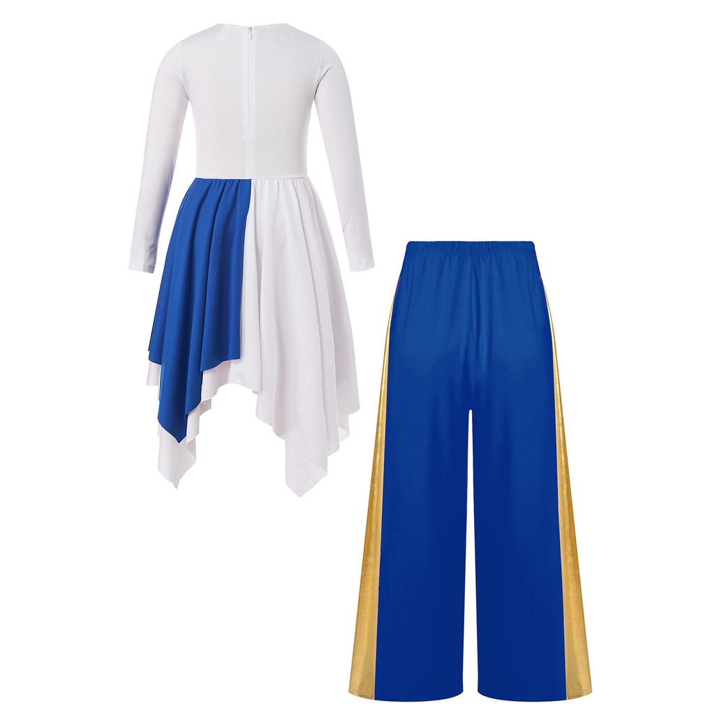 Girls Worship Dance Outfit Lyrical Performance Costume Set Metallic Asymmetrical Dress and Long Sleeve Wide Leg Pants