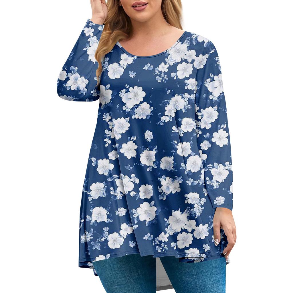 Women's Plus Size Top, Garden Collar Long Sleeved Shirt, Fashionable Floral Print Casual Top