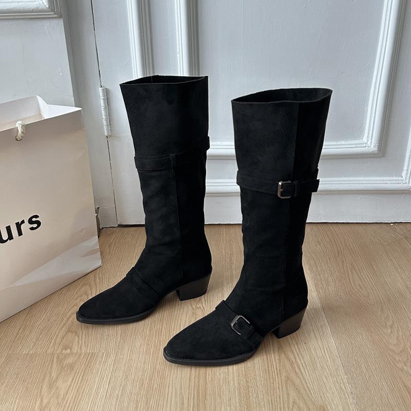 Korean Version Retro Suede Belt Buckle Thick Heel Boots Women's Autumn and Winter Wear Classic Wide Circumference Thin Long Boots