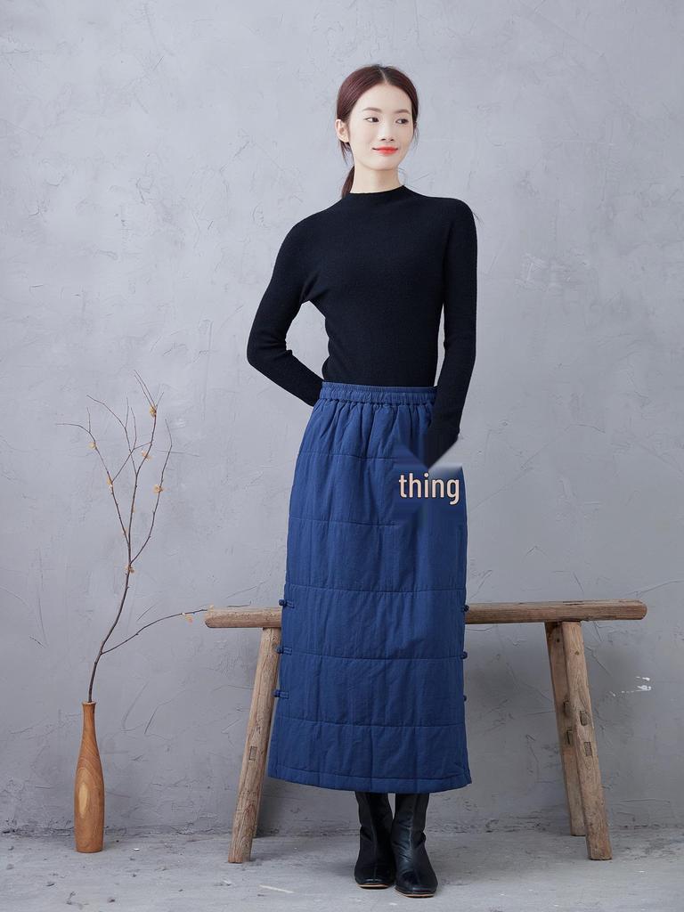 Autumn/Winter Navy Blue Quilted Cotton Midi Skirt - Plus Size, Slimming, Versatile, Chinese-Inspired, Intellectual Style