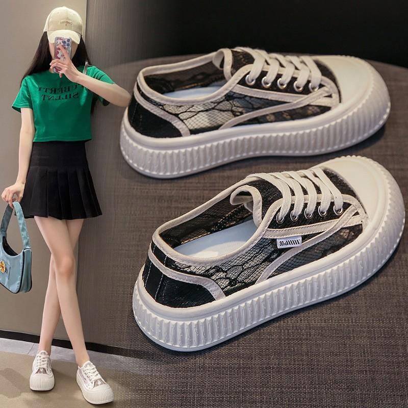 Fashion Women's Shoes 2025 Fashion Summer Casual White Shoes Cutouts Lace Canvas Hollow Breathable Platform Flat Shoes Woman Sneakers