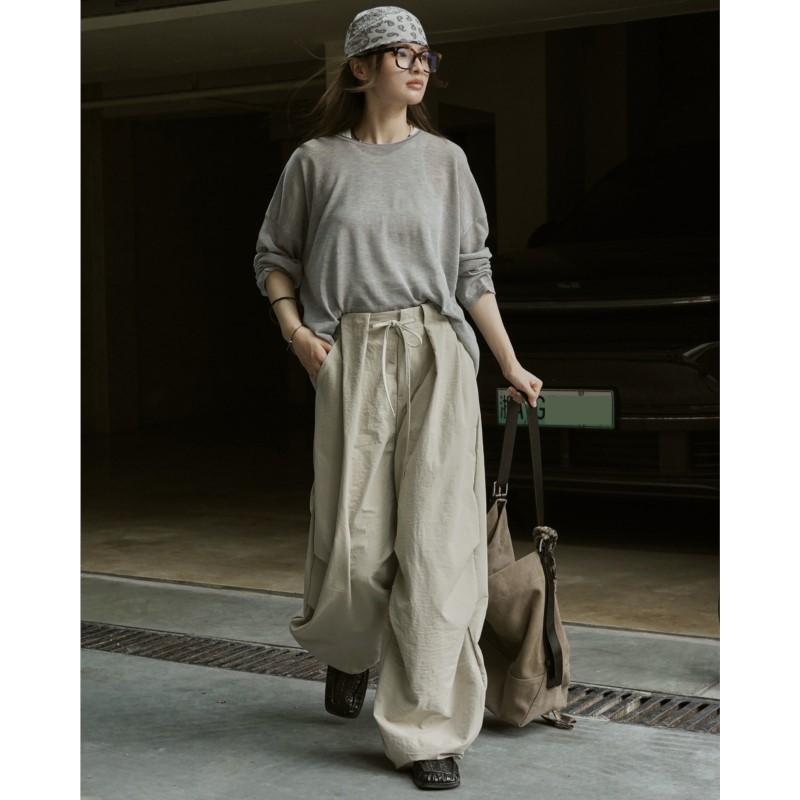 Johnature Autumn American Casual Shirring Casual Harem Women Pants Loose Simple Workwear Versatile Trousers