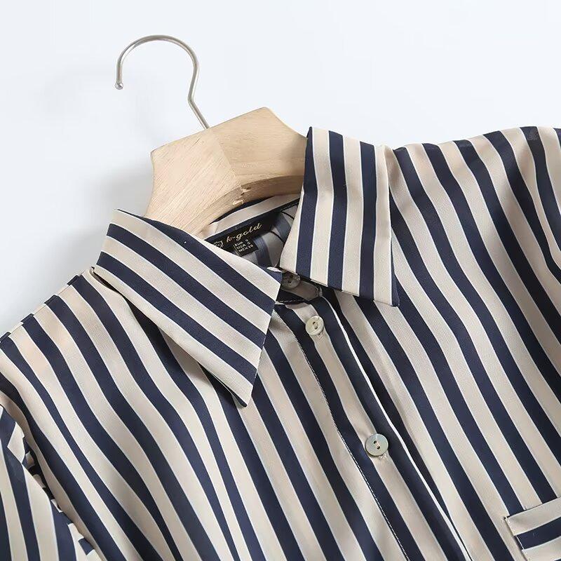 2025 Spring Women's Asymmetrical Striped Turn-Down Collar Long-Sleeve Shirt