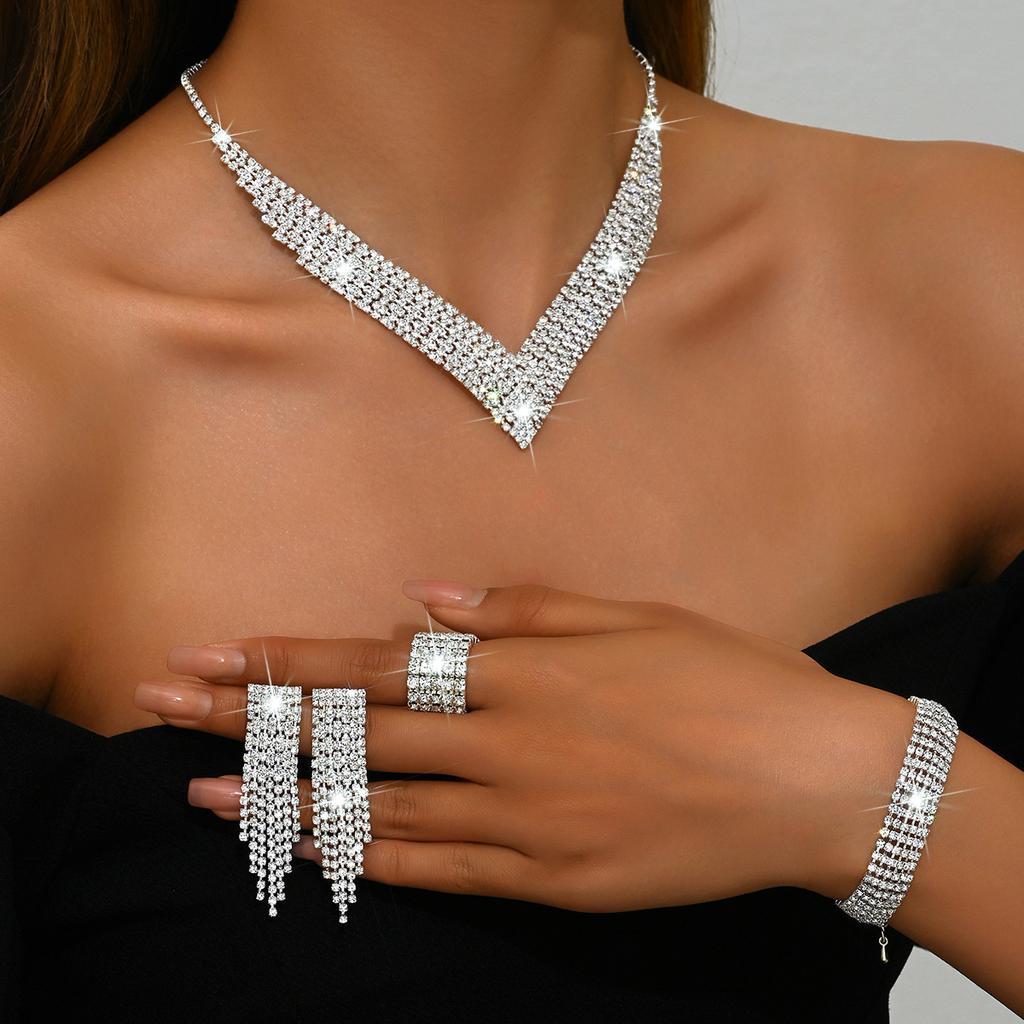 Premium Design Full Diamond Super Flash Necklace, Tassel Earrings, Bracelet, Ring Set Bridal Jewelry Set