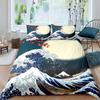Japanese Wave Duvet Cover Set Sea Storm In Japan Traditional Drawing Foamy WavesBedding Set Full SizeEarth Yellow Dark Blue