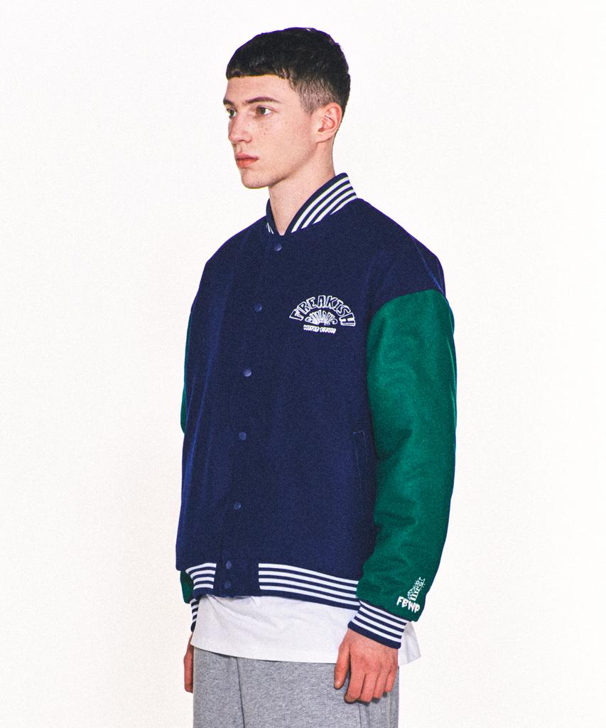 Freakish Building Weird Picnic Varsity Jacket (Navy)