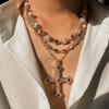 Ingemark Punk Vintage Inlaid Rhinestone Jeus Cross Pendant Choker Necklace Set Men Hip Hop Imitation Pearl Chain Grunge Jewelry