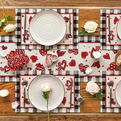 Valentinstag Tischsets Buffalo Plaid Rotes Herz Tischläufer Saisonales Fliege Tischsets für Party Küche Esstisch Dekoration