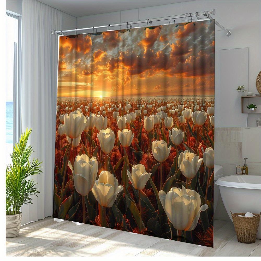 1pc Sunset Floral Shower Curtain with Blooming Tulips Design - Vibrant Sunset Colors, Durable Polyester Fabric, 70.8x70.8 Inches