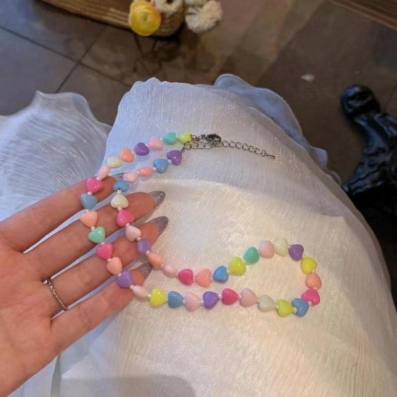 1Pcs Women'S Y2K Colorful Acrylic Heart Beaded Choker Necklace Sweet Aesthetic Goth Jewelry Trendy Vintage Accessory