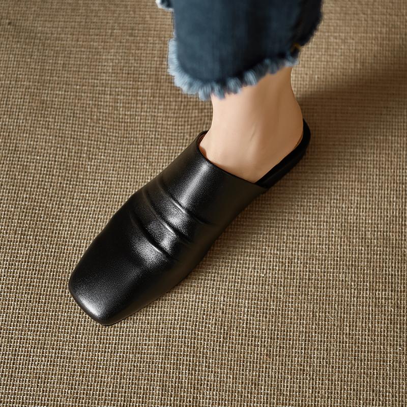 Fashion 2025 New Sandals Women's Genuine Leather Square Toe Slip-on Flats Summer Slippers Soft Comfortable Casual Female Outdoor Mules