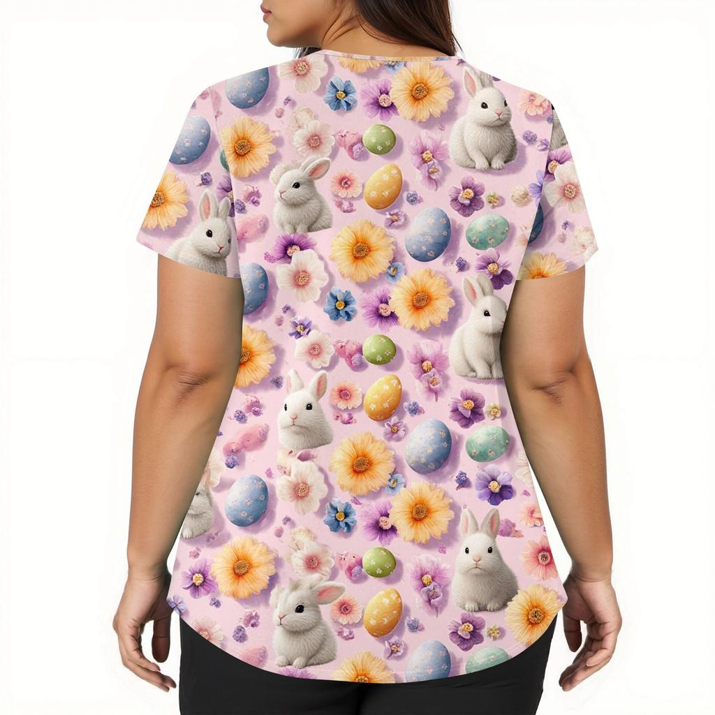 Moda damska Odzież robocza z dekoltem w serek i krótkimi rękawami z kieszeniami Topy z nadrukiem