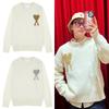 Unisex Chunky Knit Cardigan With Gold Thread Heart Motif Loose Fit Crew Neck Sweater Winter
