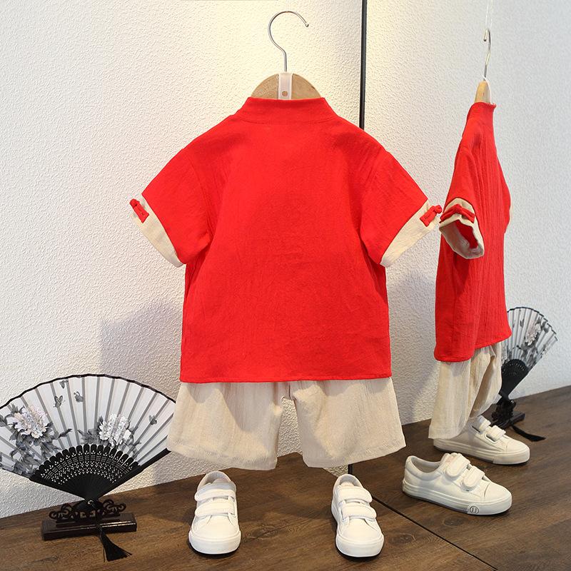 Completo Estivo da Ragazzo a Maniche Corte Stile Cinese per Bambini Hanbok Bello Completo Tang Cotone Lino Sezione Sottile di Abbigliamento Antico