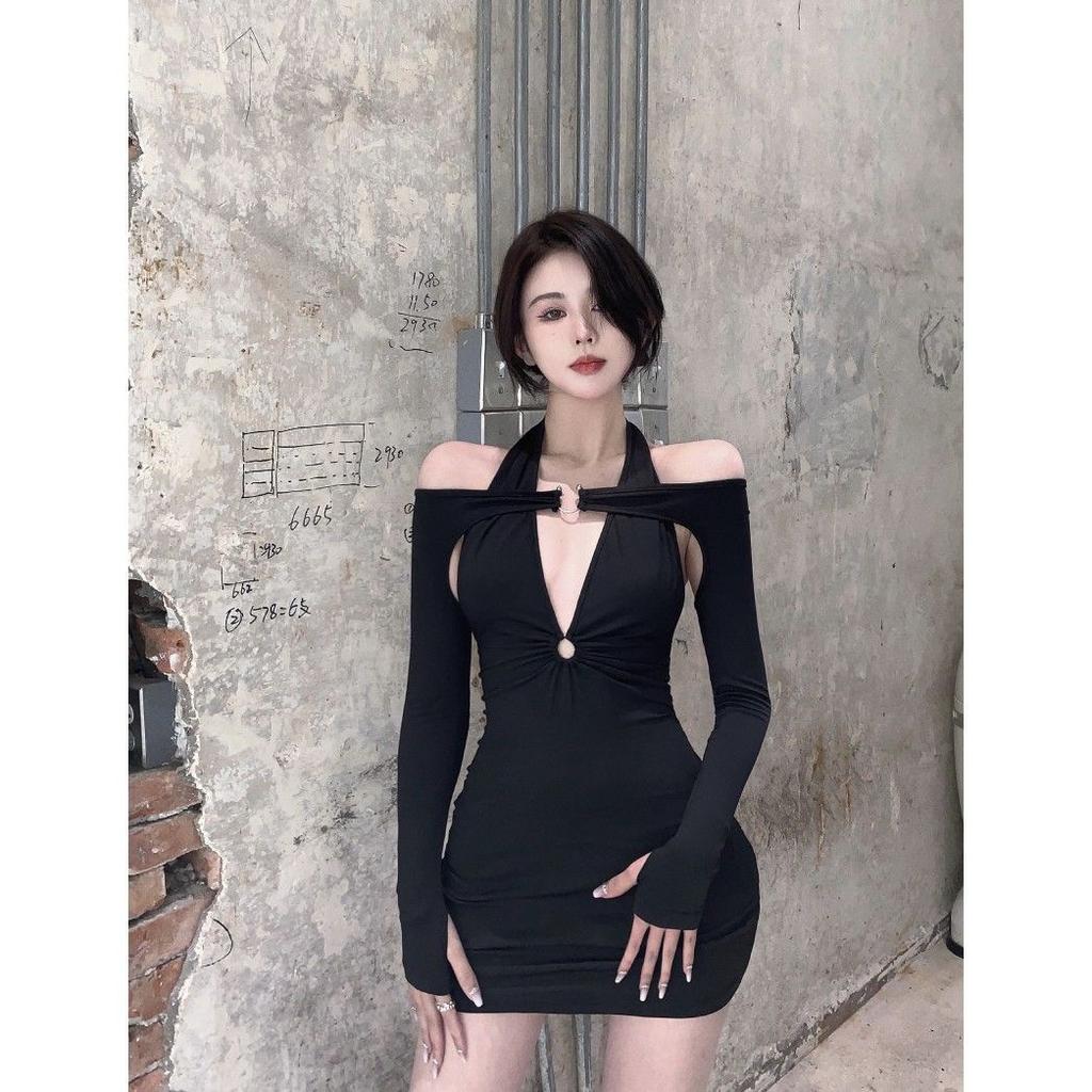 Pure Desire Neck Dress Women's Autumn Design Sense Niche Skirt Sexy Spice Girl Bottoming Hip Long Sleeve Short Skirt