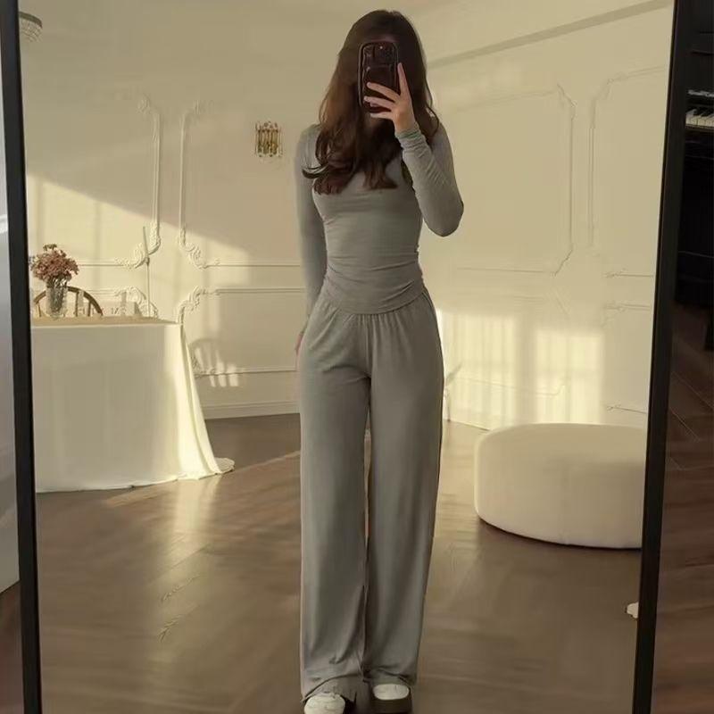 

Европейский и американский комплект модной одежды с круглым вырезом, однотонный топ и брюки широкого кроя Light gray (Long sleeves) S