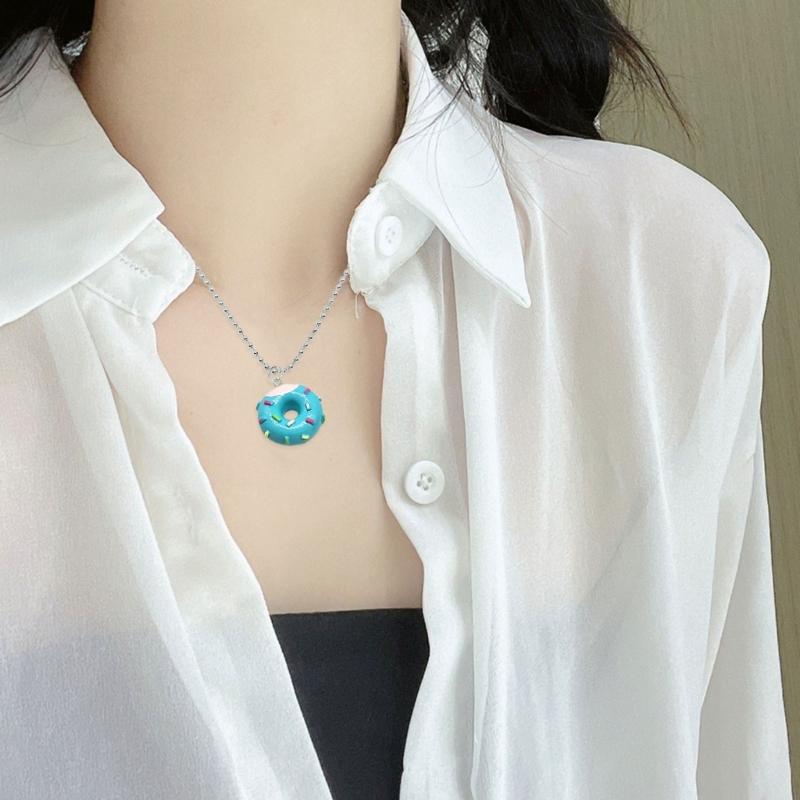 Sweet Cool Acrylic Mini Donuts Pendant Necklace Funny Choker Metal Bead Chain Charm Necklace Neck Chain Fashion Jewelry