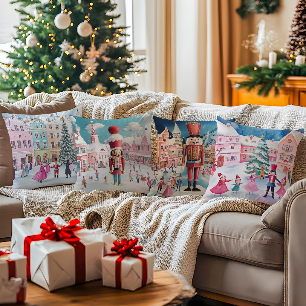 4 Pcs Winter Nutcracker And Ballerina Single-Sided Printed Pillowcase For Home Living Room Bedroom Car Decor
