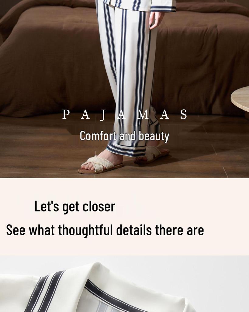 Women's Striped Thin Ice Silk Pajama Set, Long Sleeve, Spring/Autumn Style, High-End Feel for Indoors or Outdoors