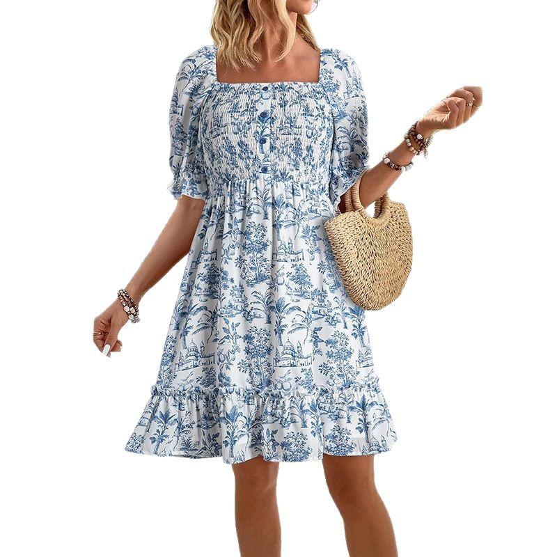 

Женское платье с цветочным принтом, квадратным вырезом, оборкой по низу, короткими рукавами, синего/черного/розового/зеленого/красного цвета S