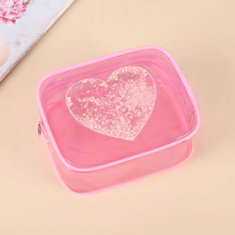 Women's Fashion Portable Sequin Love Heart Cosmetic Bag Zipper Pouch Cute Travel Toiletries Storage Bag