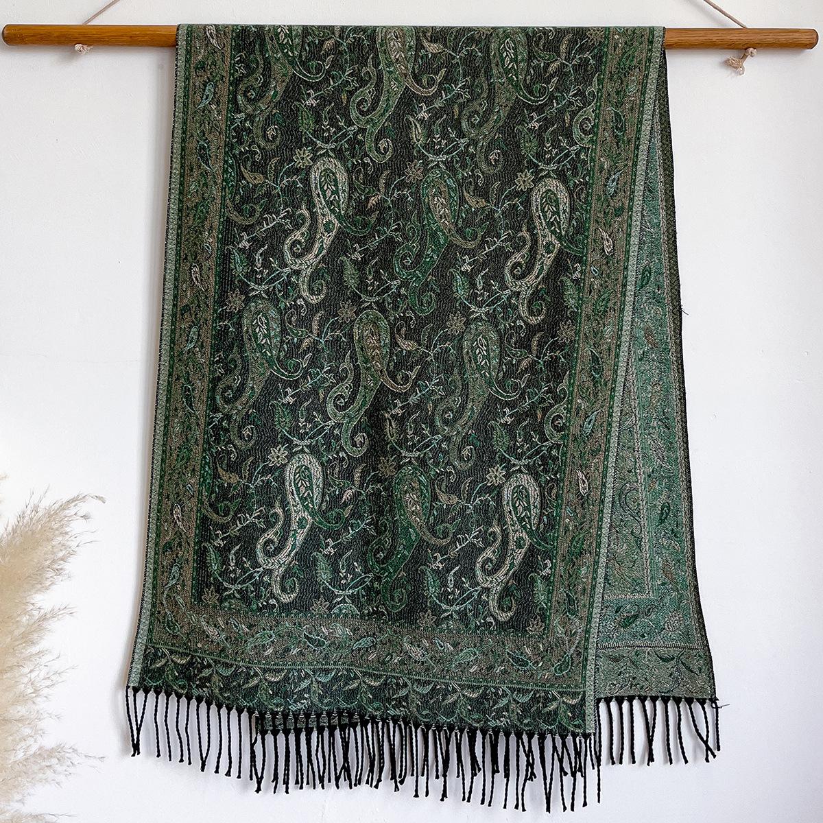 

Роскошный этнический стиль, жаккардовый шарф с бахромой и узором «кешью», высококачественный универсальный женский платок-шаль 200x65cm зелёный