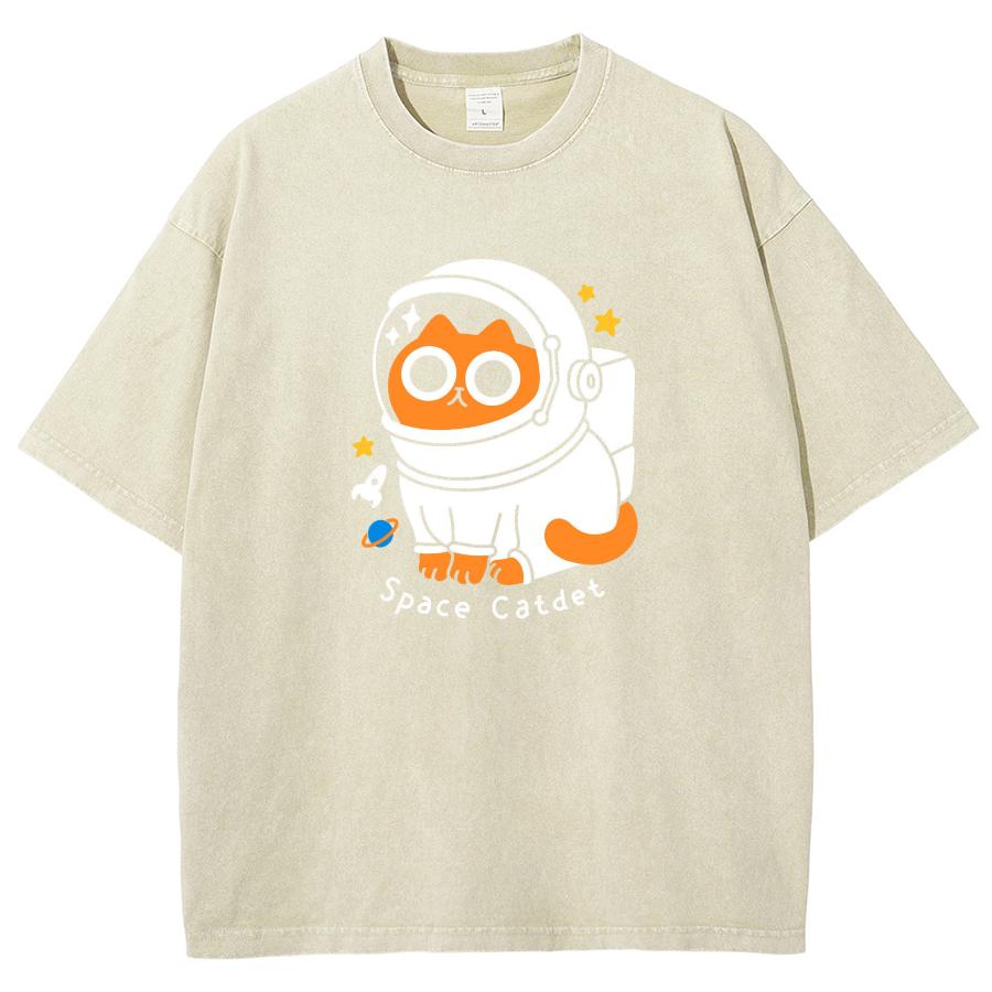 Astronauts Printed Women's T-shirt Fashion Extra Large Top Street Comfortable Clothing Retro Loose Versatile Washed T-shirt