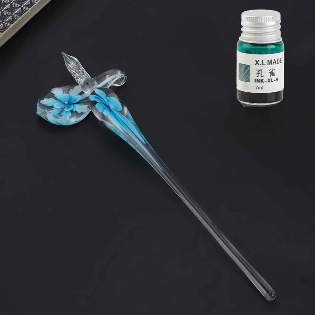 Retro   Elegant Flower Glass Dip Pen Signature Ink Fountain Pen with Ink Penholder Pink