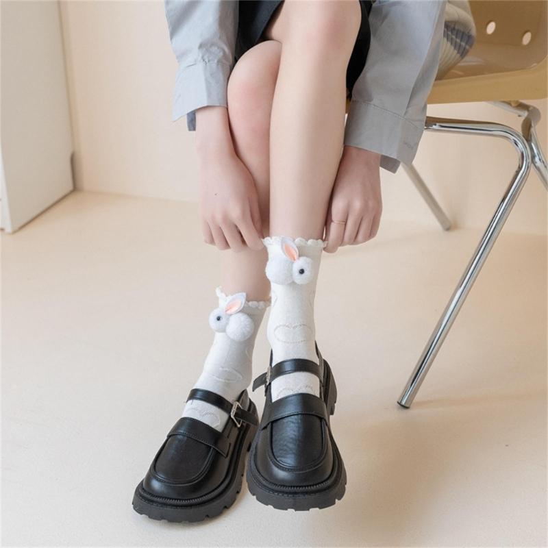 Women Calf Socks Ruffle Crew Socks Cotton Bootie Socks Lolitas Loose Socks Cute Rabbit Ankle Socks JK Middle Tube Socks