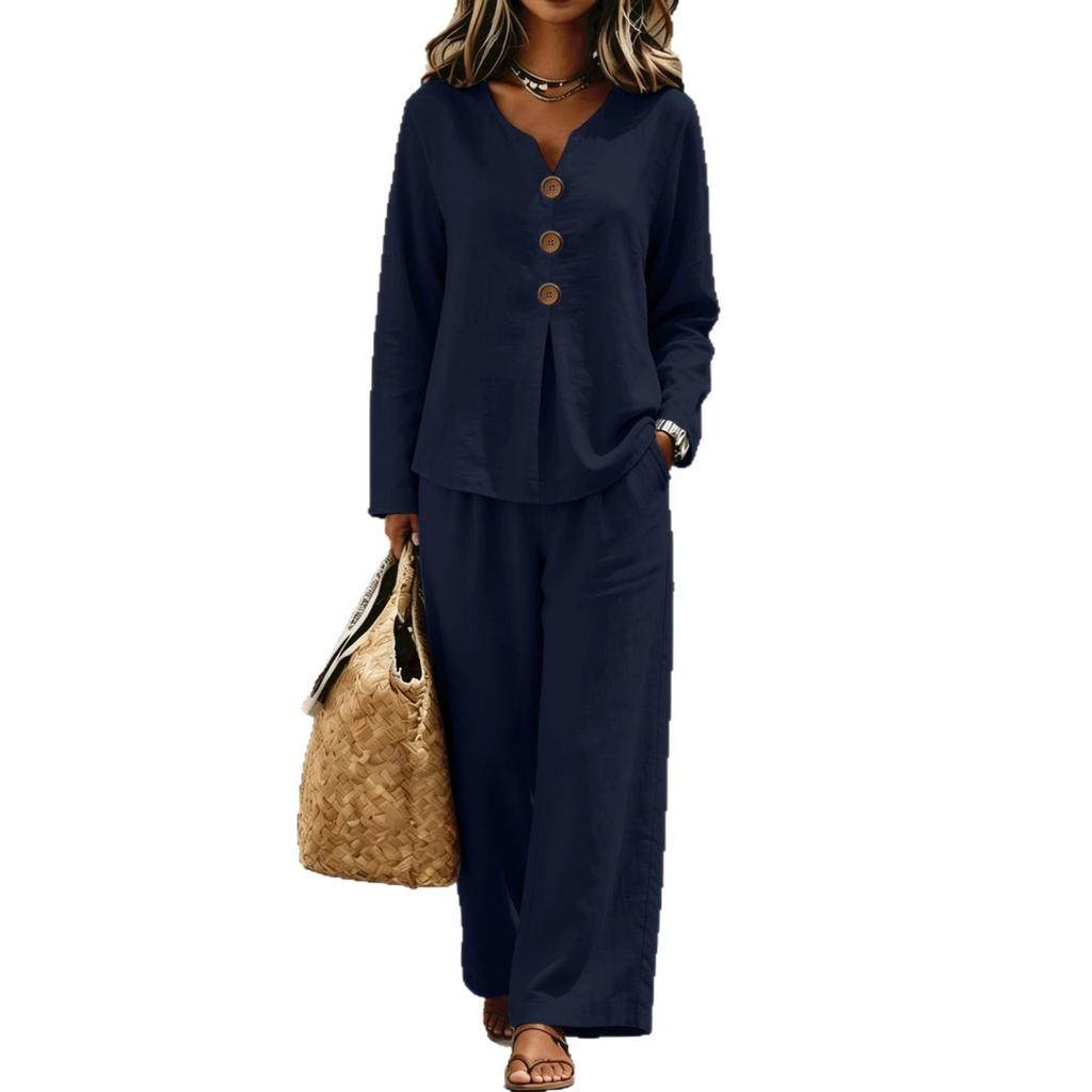 European and American in-stock cross-border foreign trade women's new casual button V-neck long-sleeve top and pants set