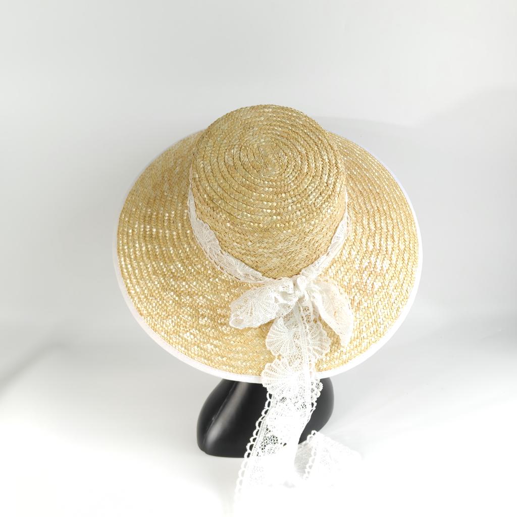 French Lace Ribbon Wheat Straw Hat Women summer Boater Beach Sun Cap Elegant Flat-Top Design with Wide Ribbon Bow Holiday Sunhat