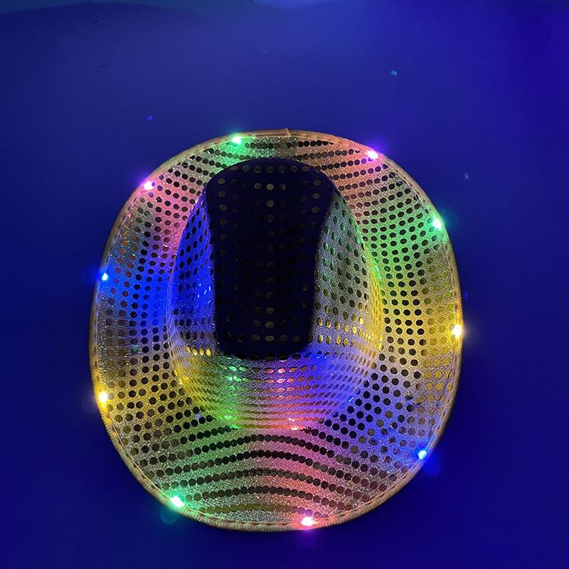 Four Color Led Light Up Western Cowboy Hat With Sequin Pattern For Party Cosplay Stage Performance