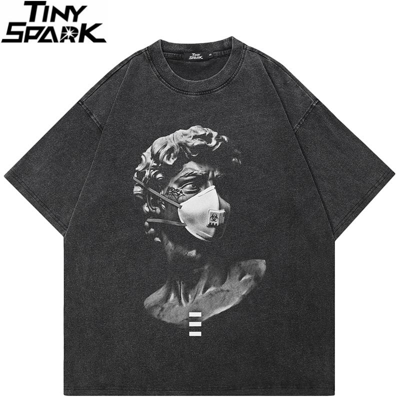 Hip Hop Faded Black TShirt Streetwear Masked Sculpture Graphic T Shirt Funny Statue Printed Men Tshirt Cotton Tops Tees