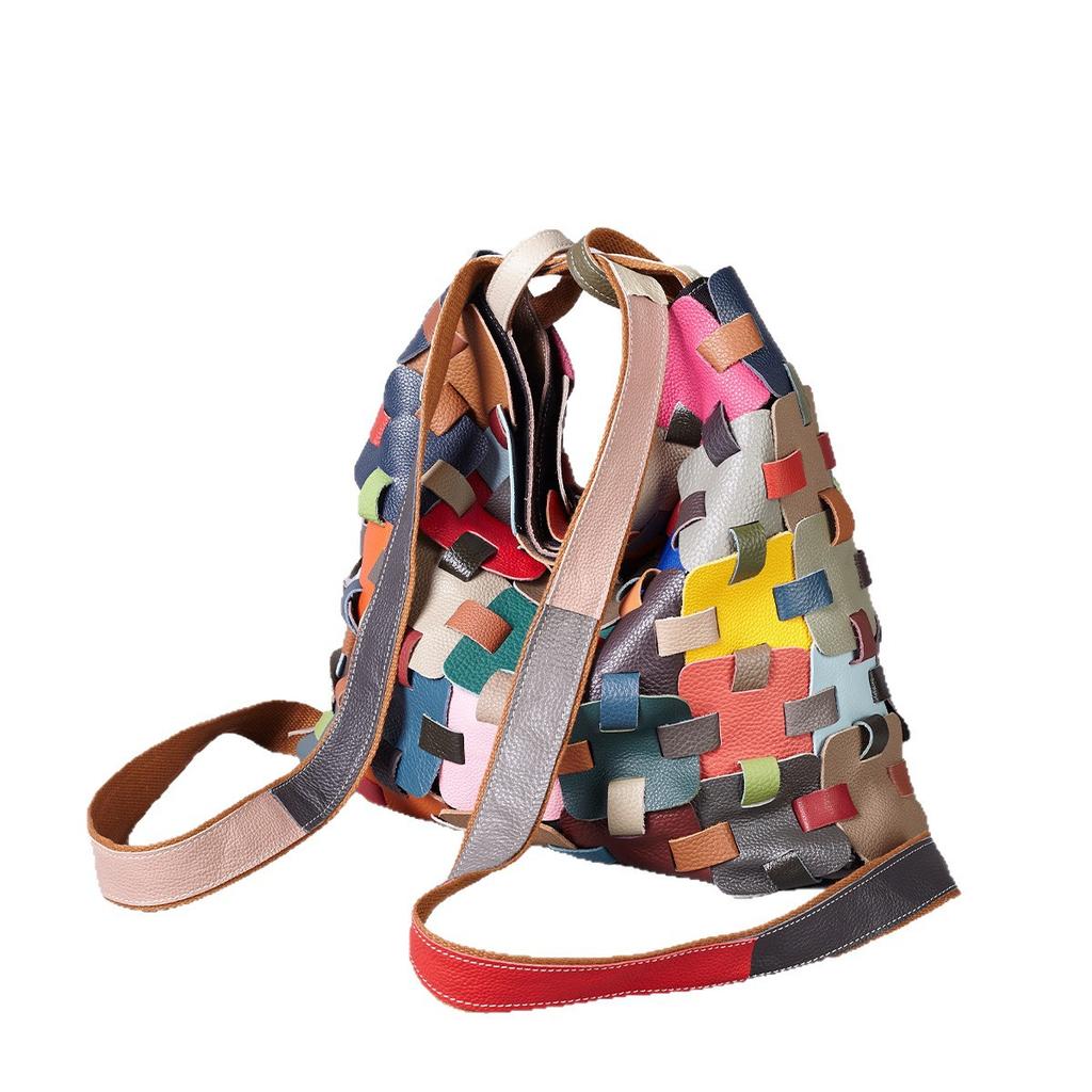 Fashion Women'S Bag Handmade Contrasting Color Leather Block Genuine Leather Women'S Bag Vegetable Basket Dual-Purpose Shoulder Bag Backpack