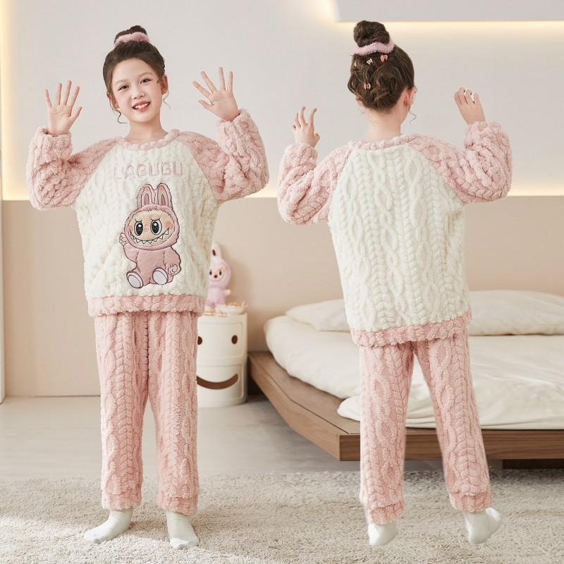 Girls Coral Fleece Pajama Set With Hooded Cartoon Character Design Winter Warm Sleepwear Kids 8 Years